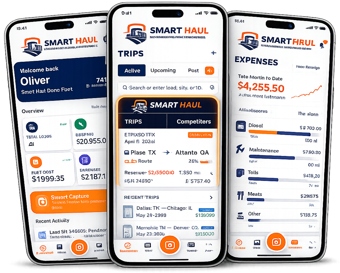 Smart Haul mobile app preview across three screens